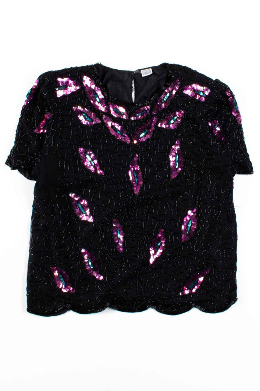 Vintage Pink Leaf Sequin Top
