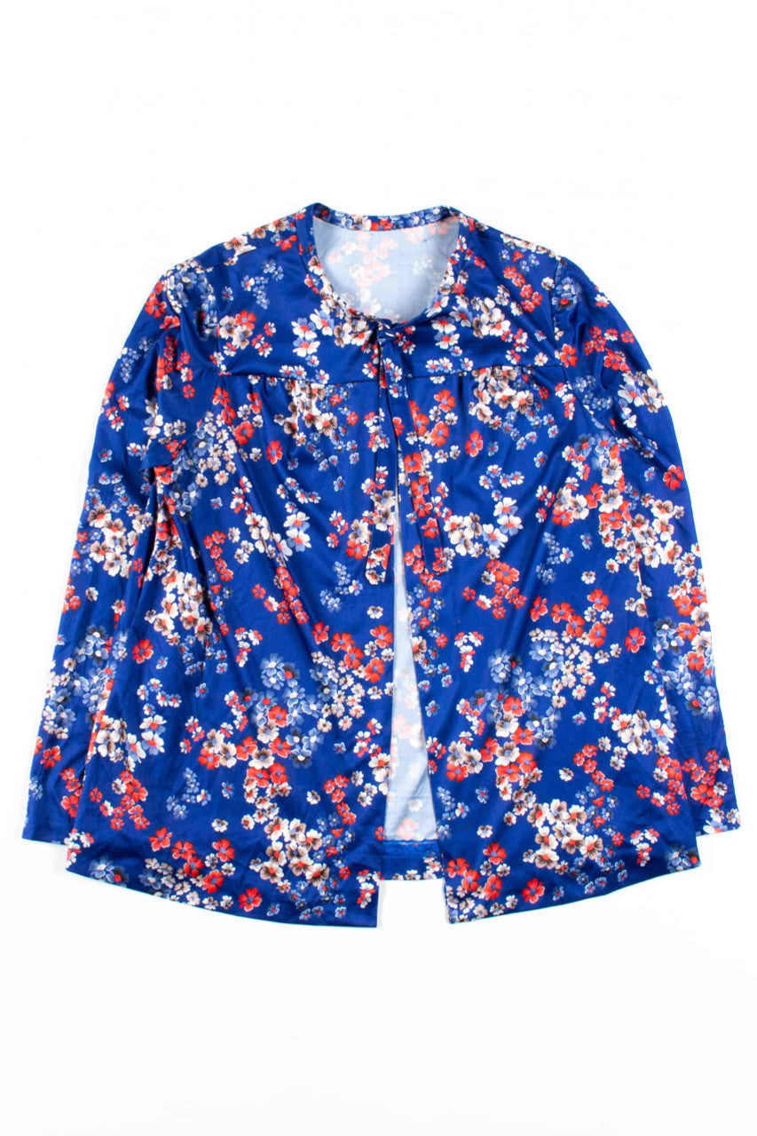 Blue Floral Tie Neck Open Blouse