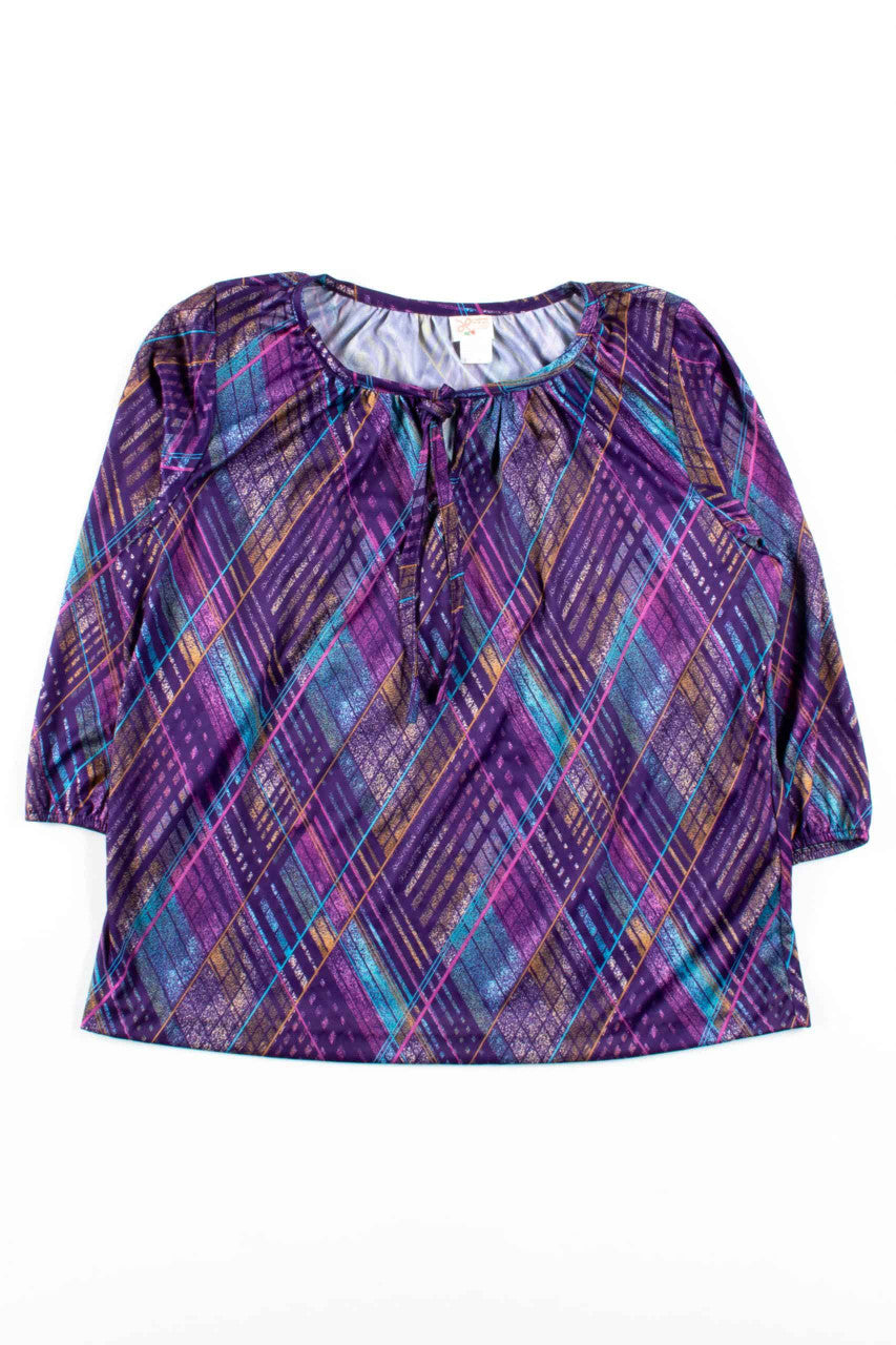 Purple 90s Geometric Tie Neck Blouse