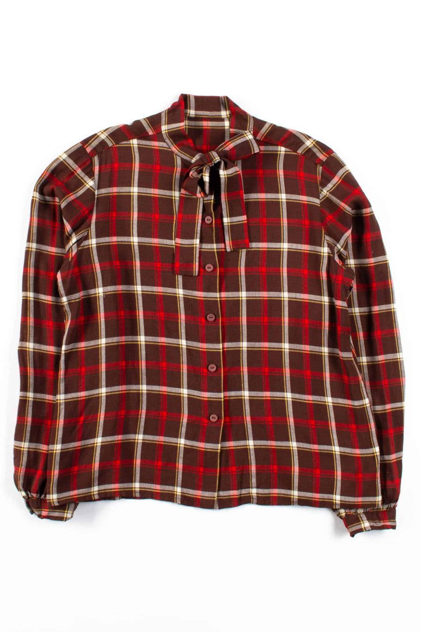Plaid Tie Neck Blouse