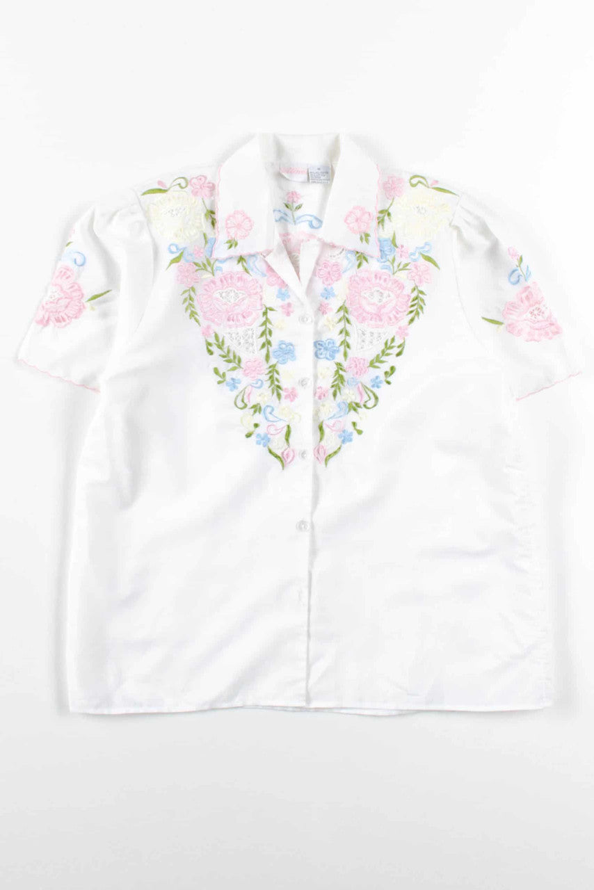 White & Pink Floral Button Up Blouse