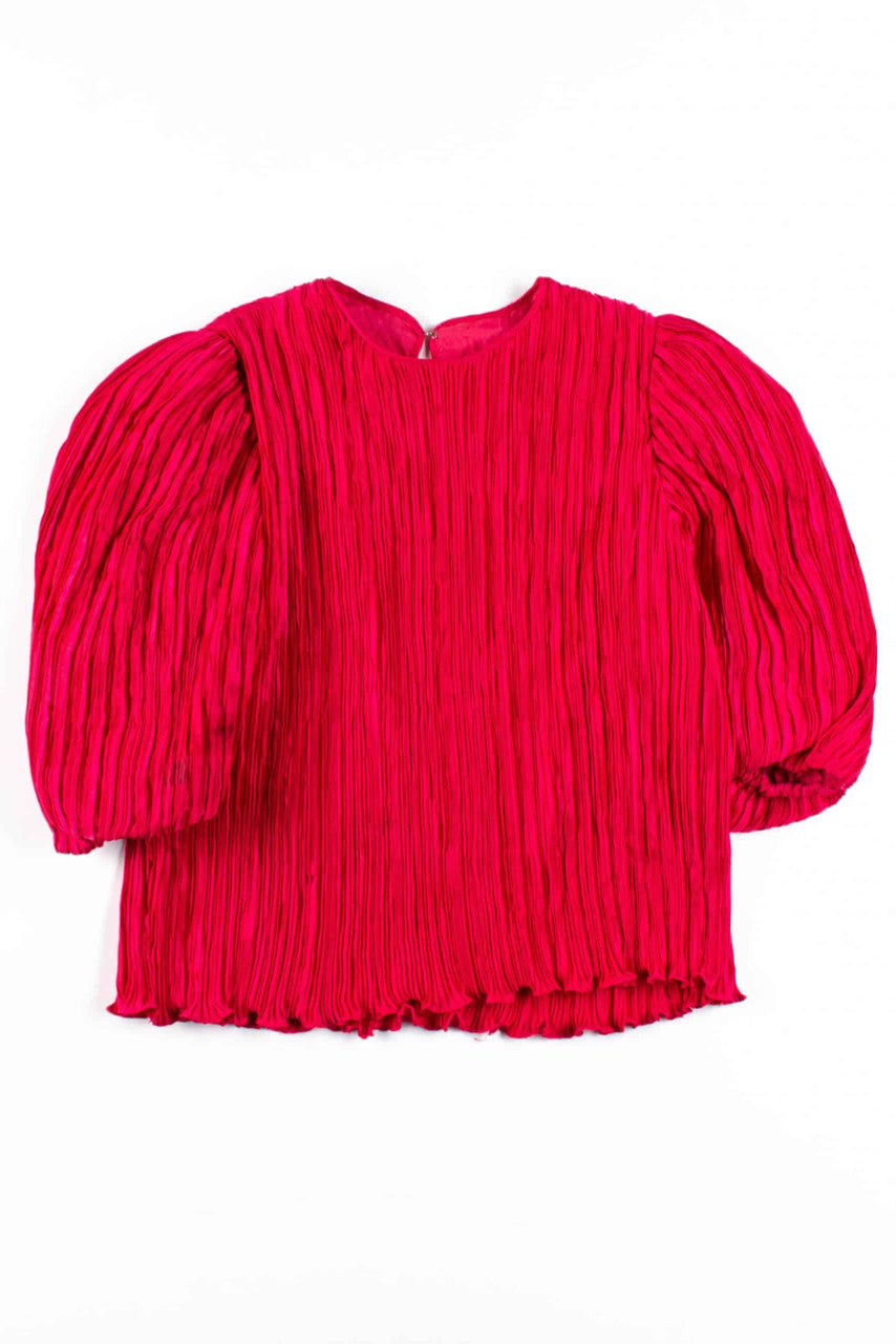 Pink Ribbed Puffy Sleeve Vintage Blouse