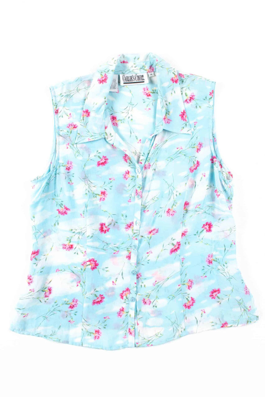 Blue Floral Sleeveless Blouse