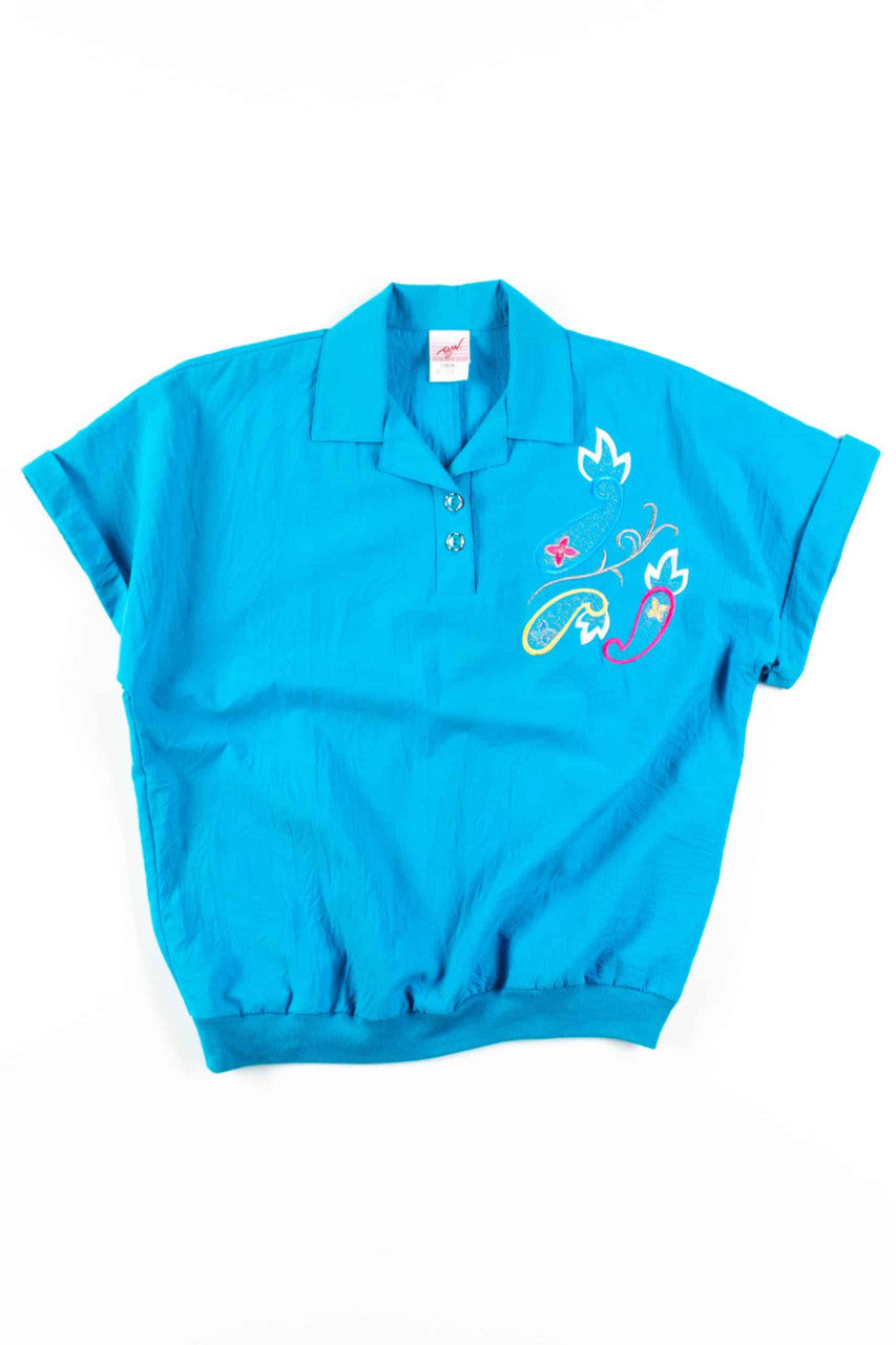 Blue Floral Design Polo Top