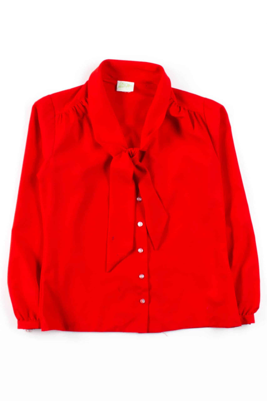 Red Scoop Tie Neck Blouse