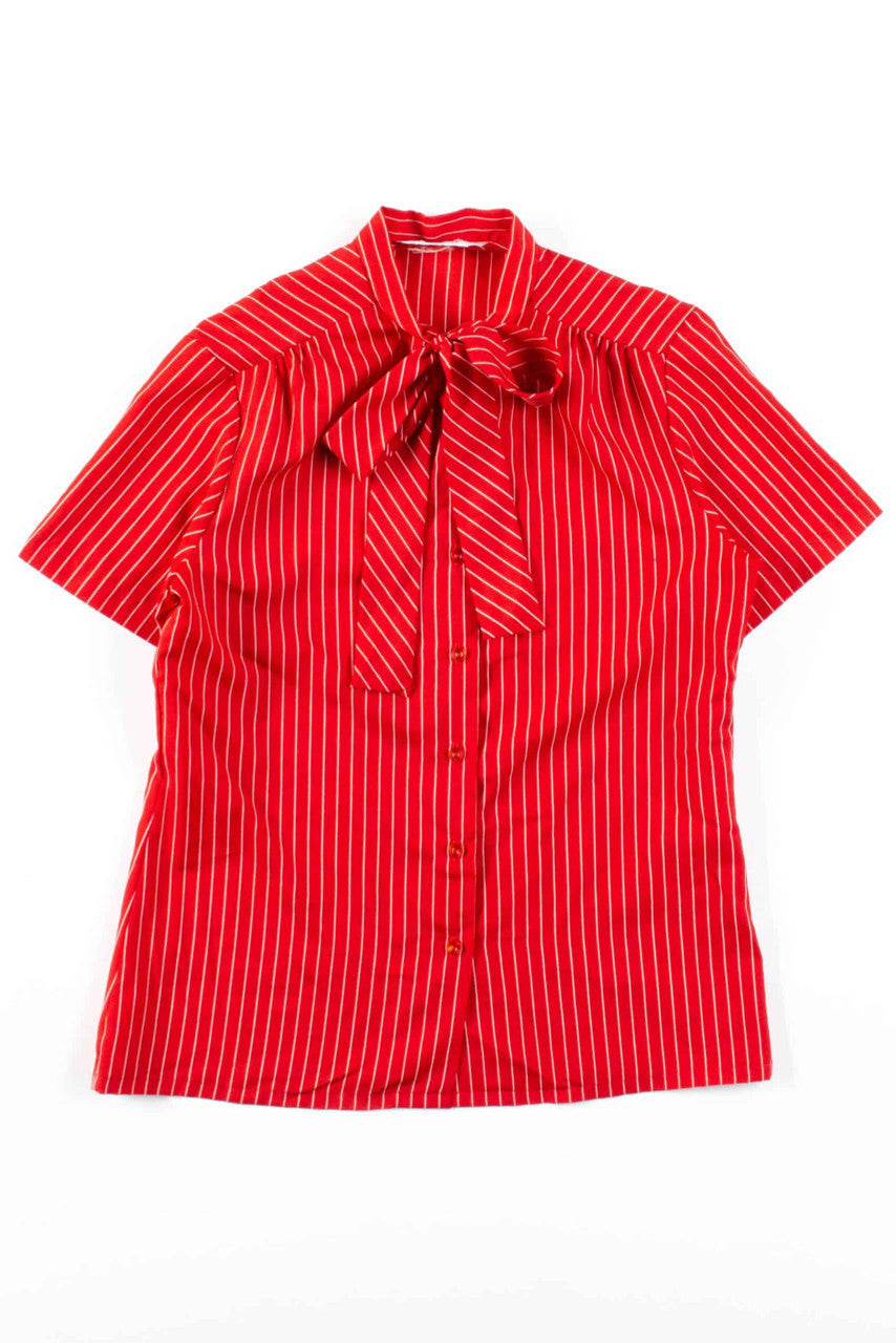 Red Short Sleeve Tie Neck Blouse