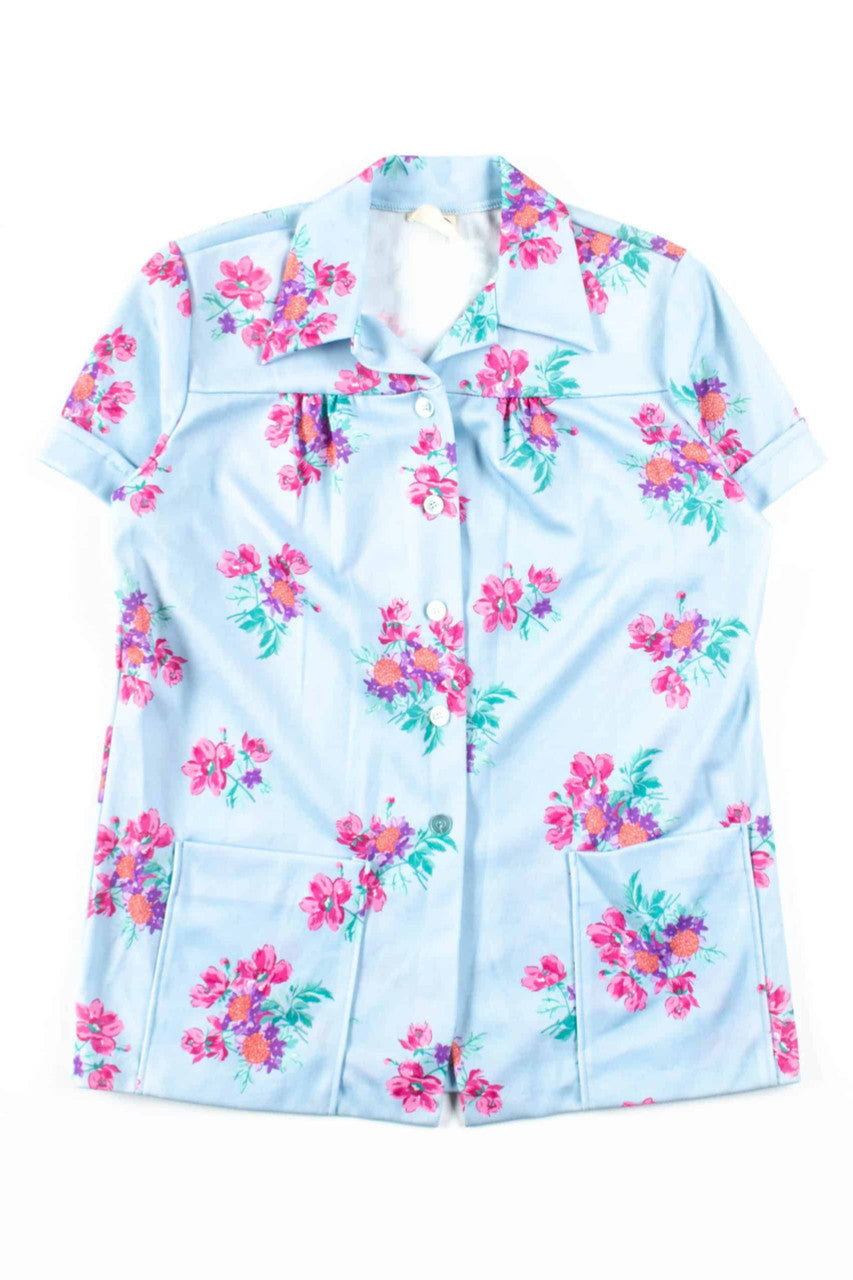 Blue Floral Button Up Pocket Blouse
