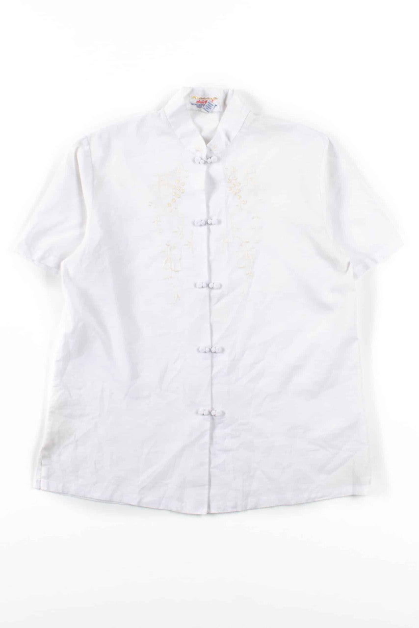 White Floral Snap Button Top