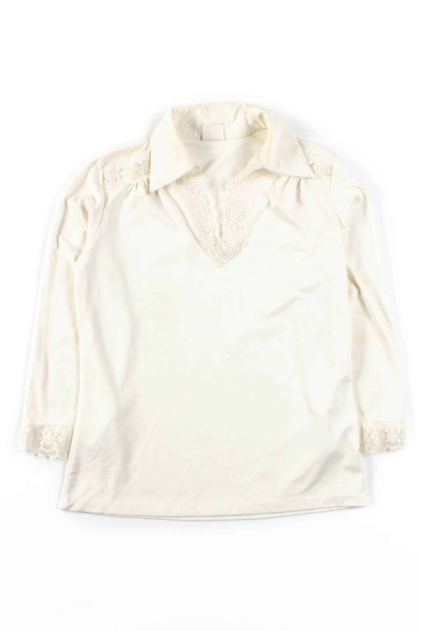 Cream Lace Trimmed V-Neck Top