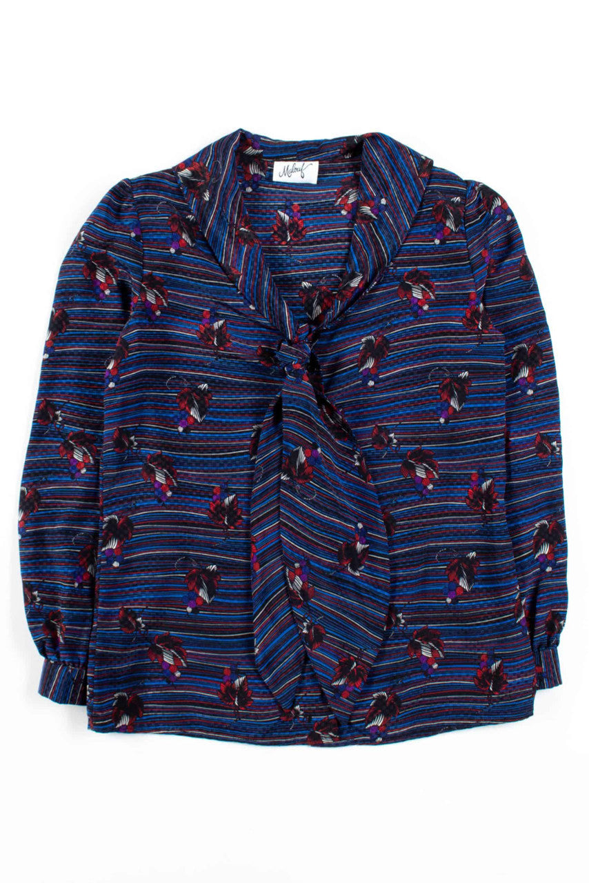 Blue Floral Bow Collar Blouse