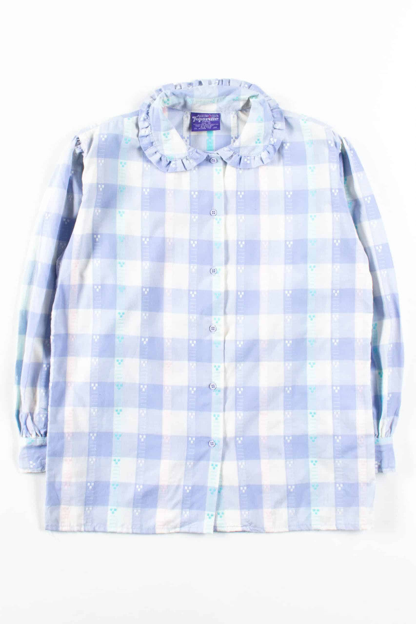 Blue Plaid Ruffle Collar Button Up Blouse