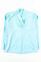 Shiny Aqua Floral Shawl Collar Blouse