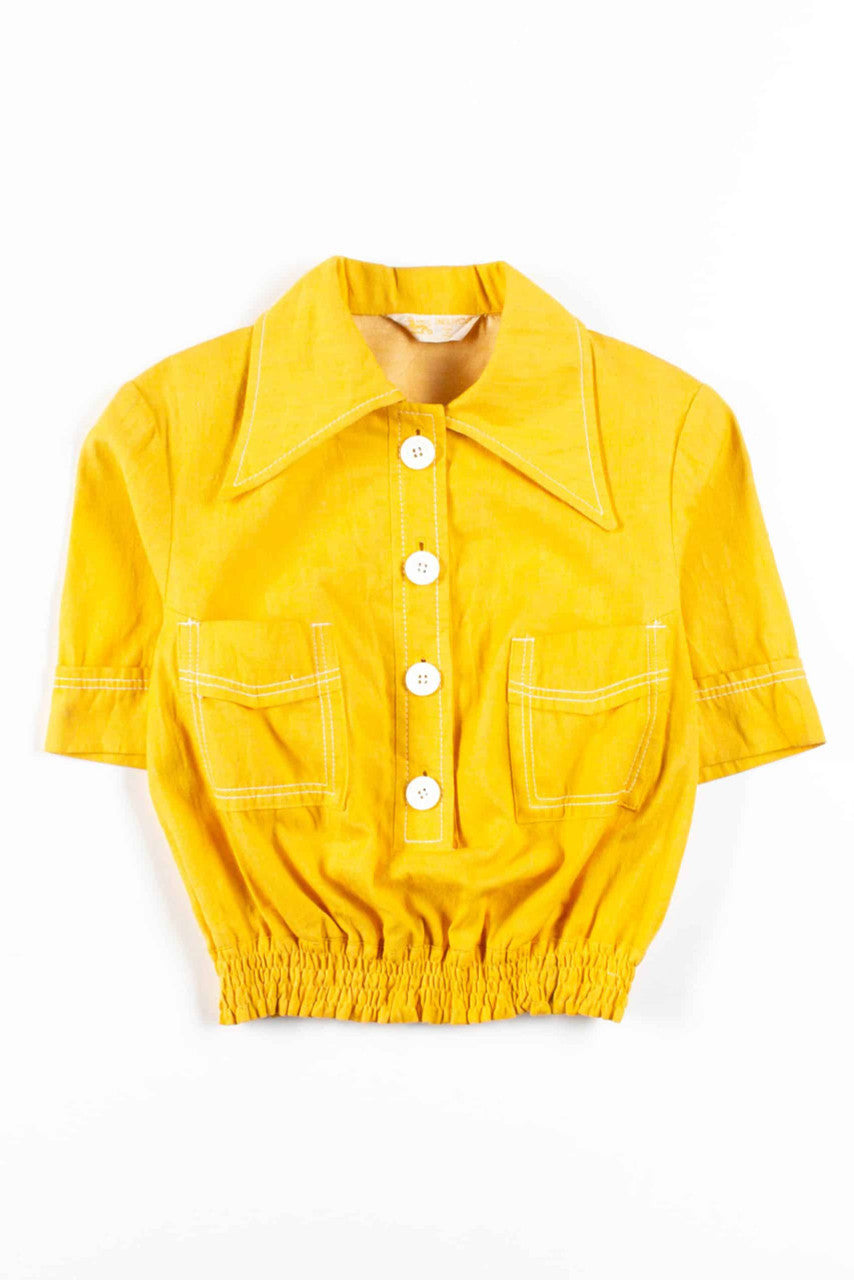 Cropped Yellow Denim Butterfly Collar Top