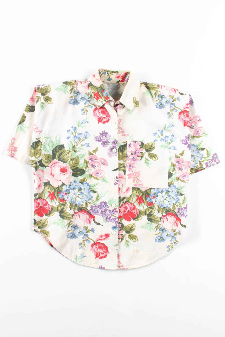 White Floral Button Up Vintage Top