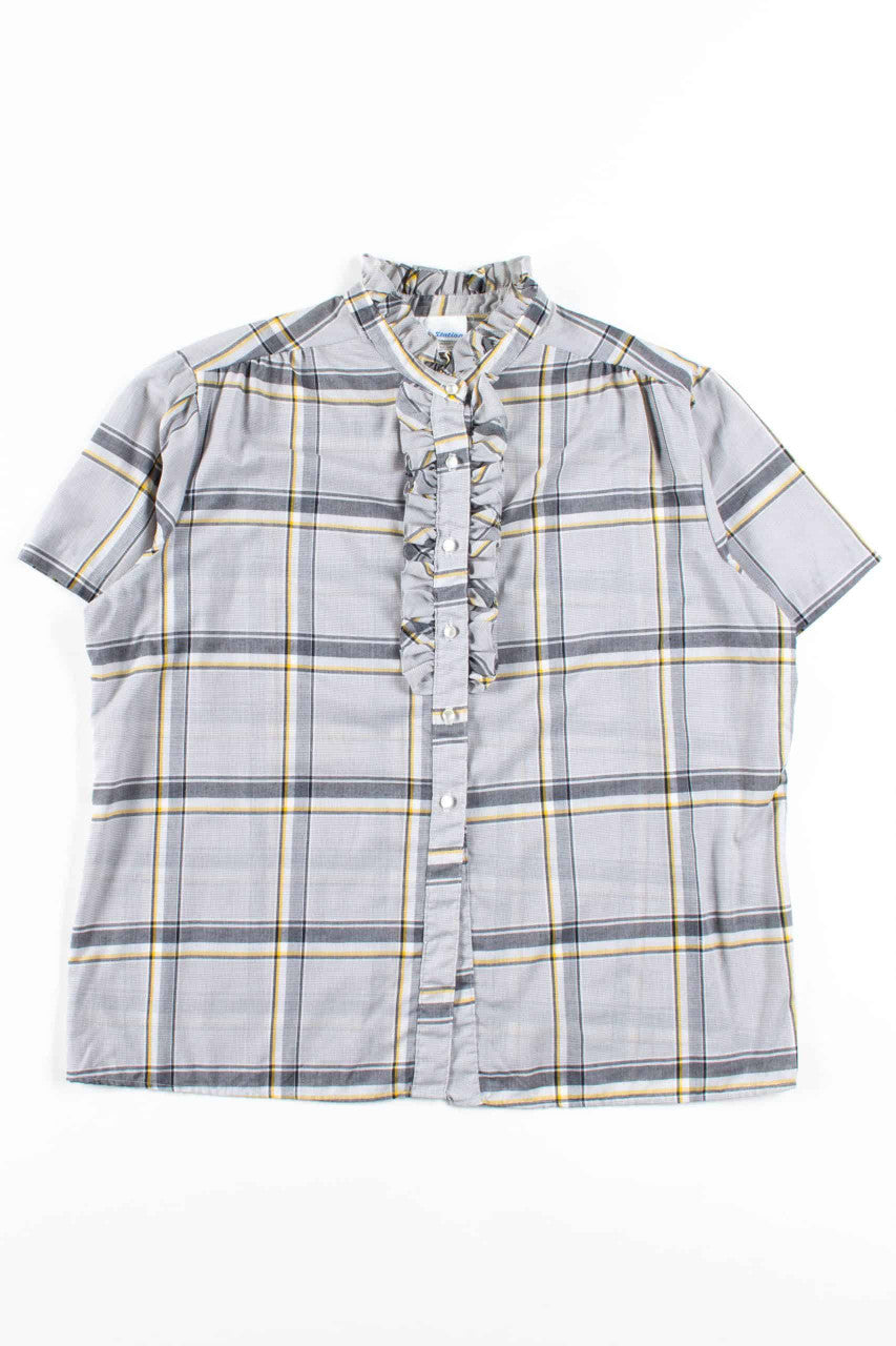 Grey Plaid Ruffle Trim Button Up Blouse