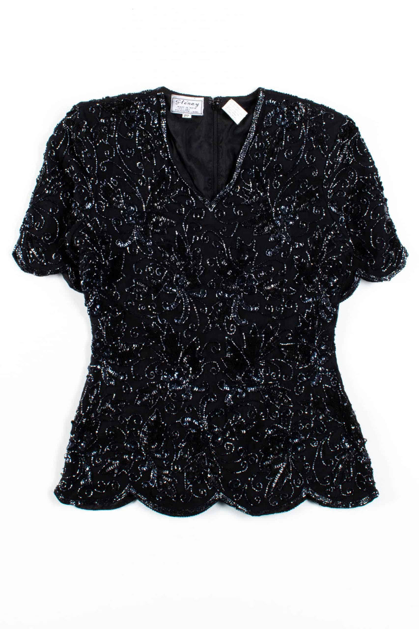 Vintage Black Beaded Floral Top