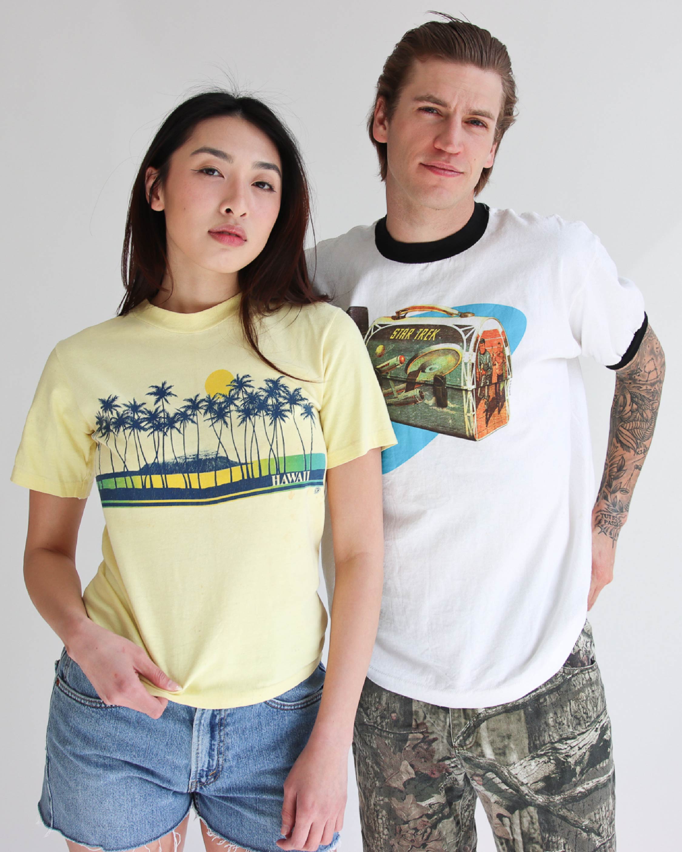 male and female models wearing vintage t-shirts