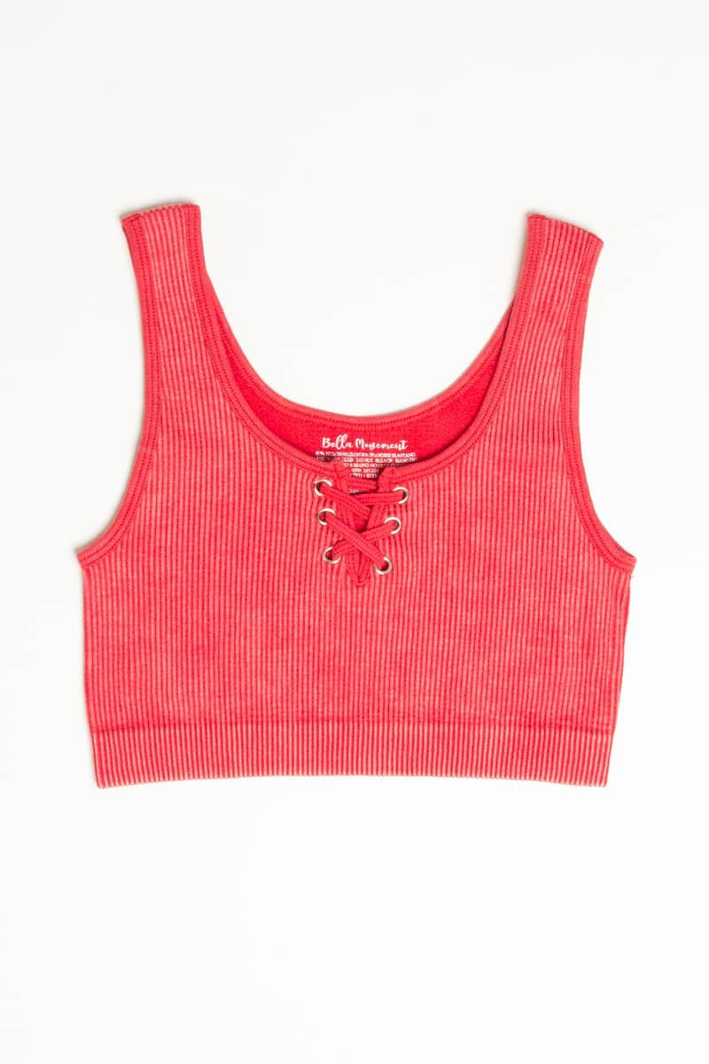 Washed Red Lace Up Seamless Bralette