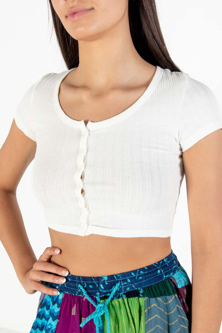 White Button Down Crop Tee
