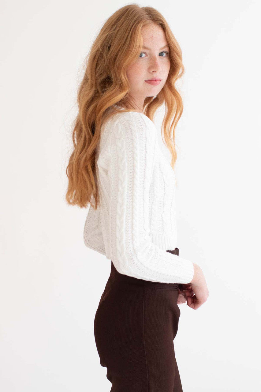 White Cable Knit Cropped Sweater