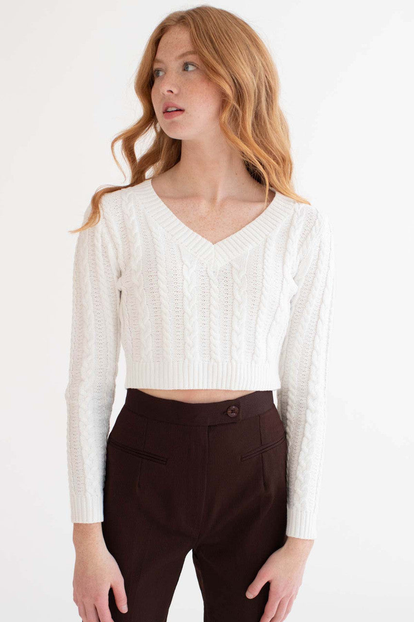 White Cable Knit Cropped Sweater