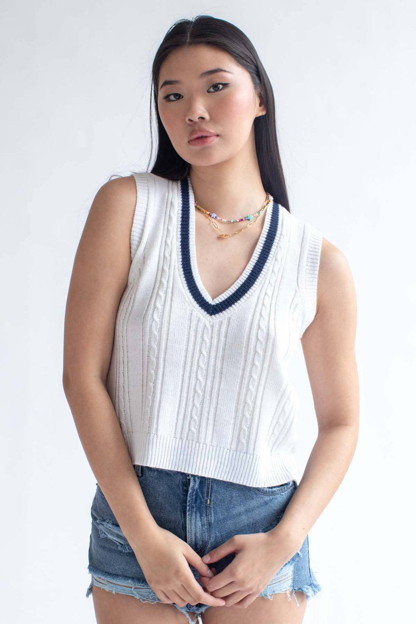 White Cable Tipped Sweater Vest