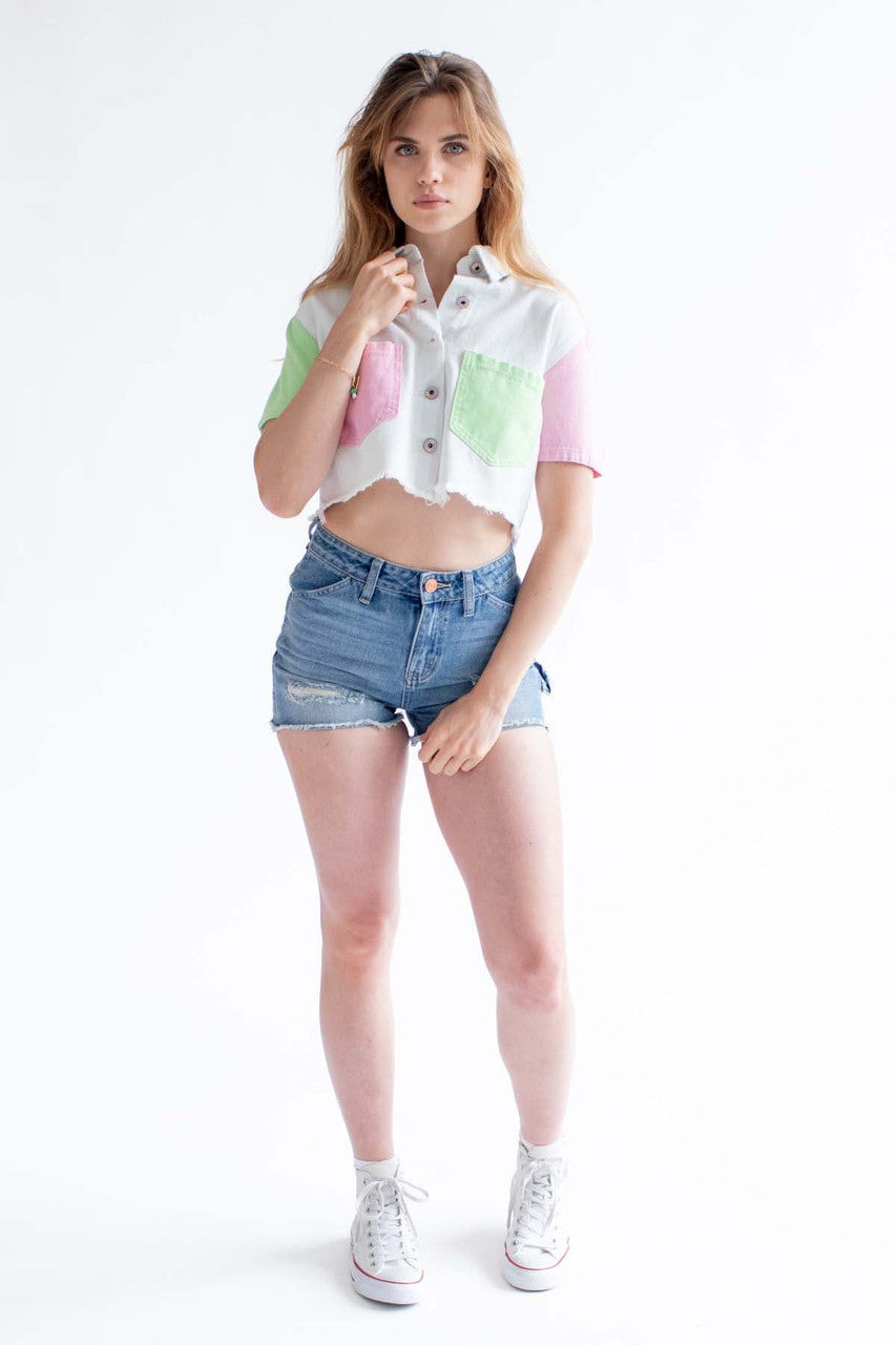 White Color Block Cropped Denim Shacket
