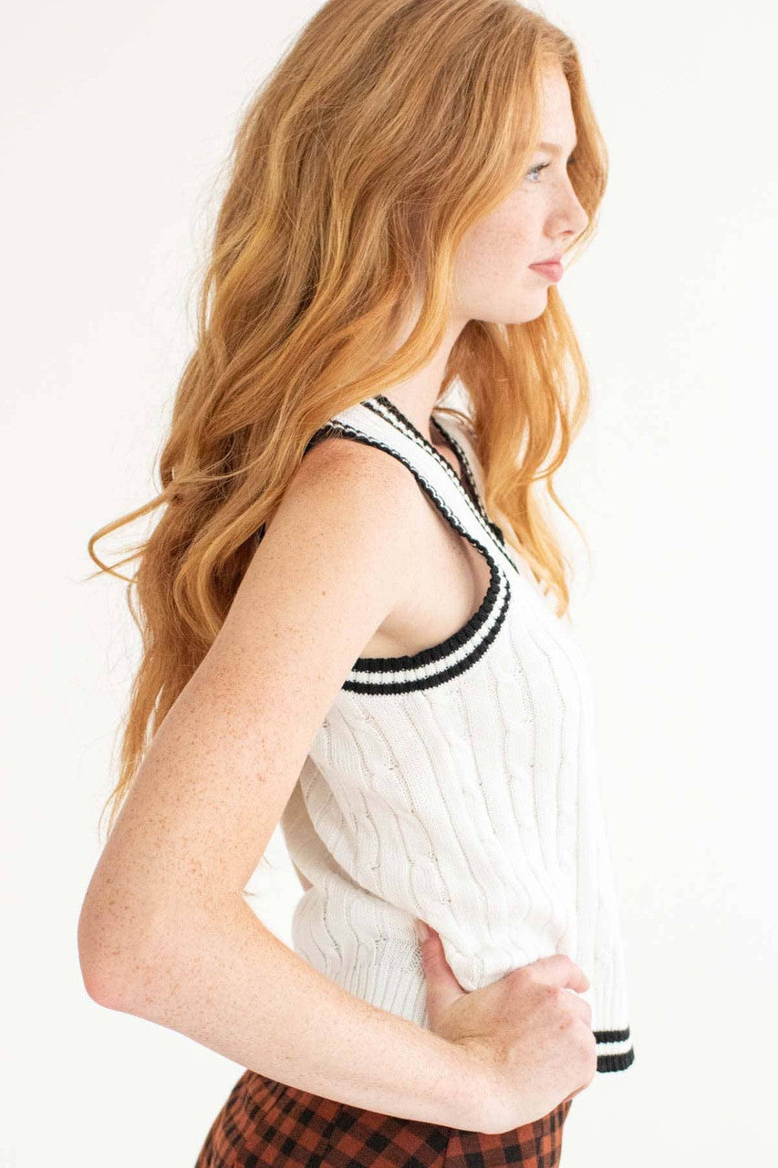 White Contrast Trim Sweater Vest
