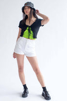 White Cuffed Paper Bag Waist Denim Shorts