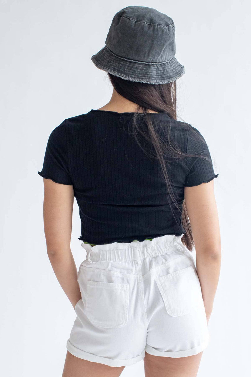 White Cuffed Paper Bag Waist Denim Shorts