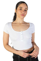 White Double Scoop Henley Crop Tee