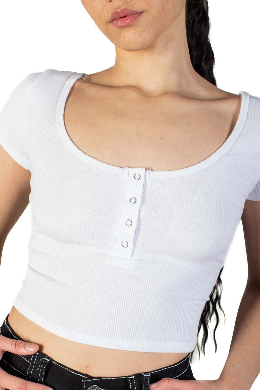 White Double Scoop Henley Crop Tee