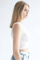 White Embroidered Lemons Seamless Notch Tank