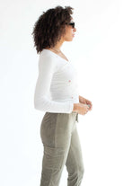 White Floral Embroidered Seamless V-Neck Shirt