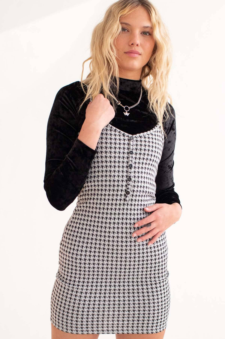 White Houndstooth Henley Mini Dress