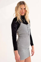 White Houndstooth Henley Mini Dress