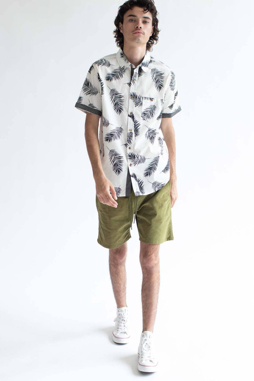 White Leaf Ink Print Button Up Shirt