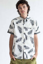 White Leaf Ink Print Button Up Shirt