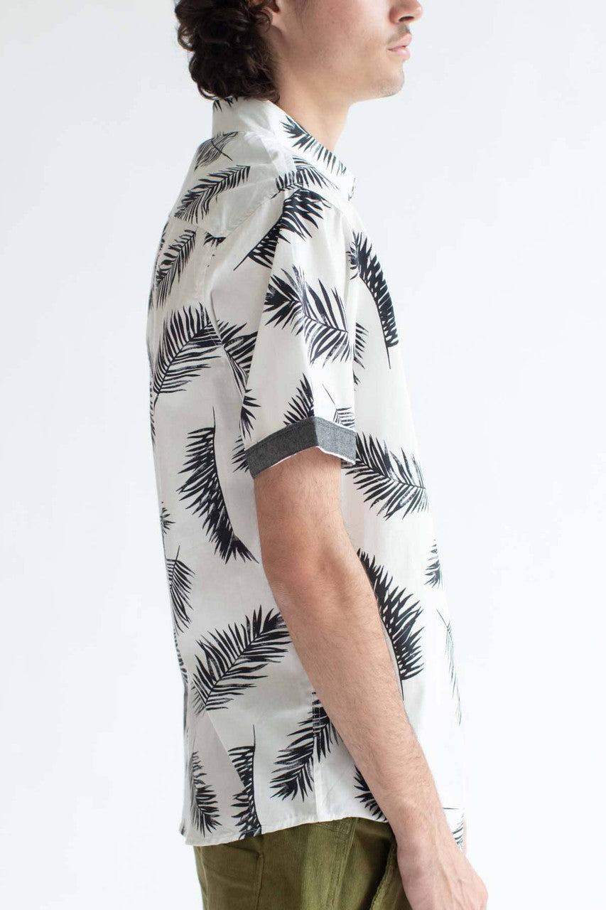 White Leaf Ink Print Button Up Shirt
