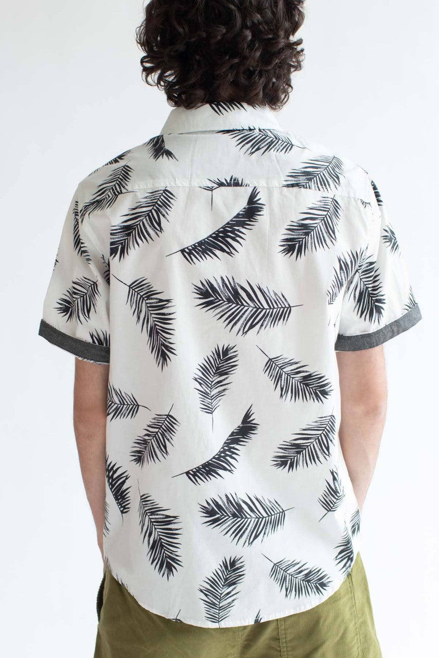 White Leaf Ink Print Button Up Shirt