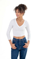 White Long Sleeve Ribbed V Neck