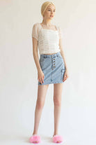 White Mesh Dot Ruched Top