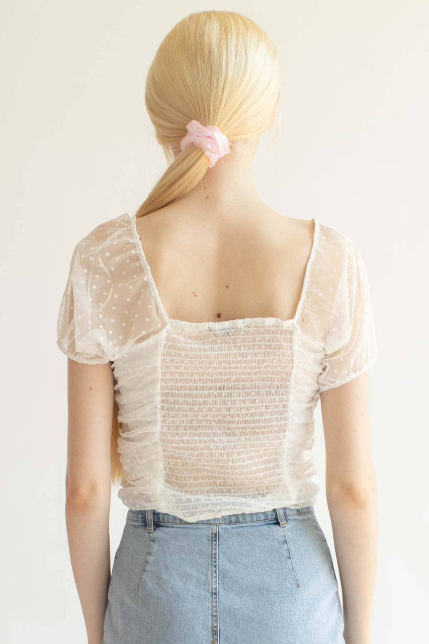 White Mesh Dot Ruched Top