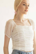 White Mesh Dot Ruched Top