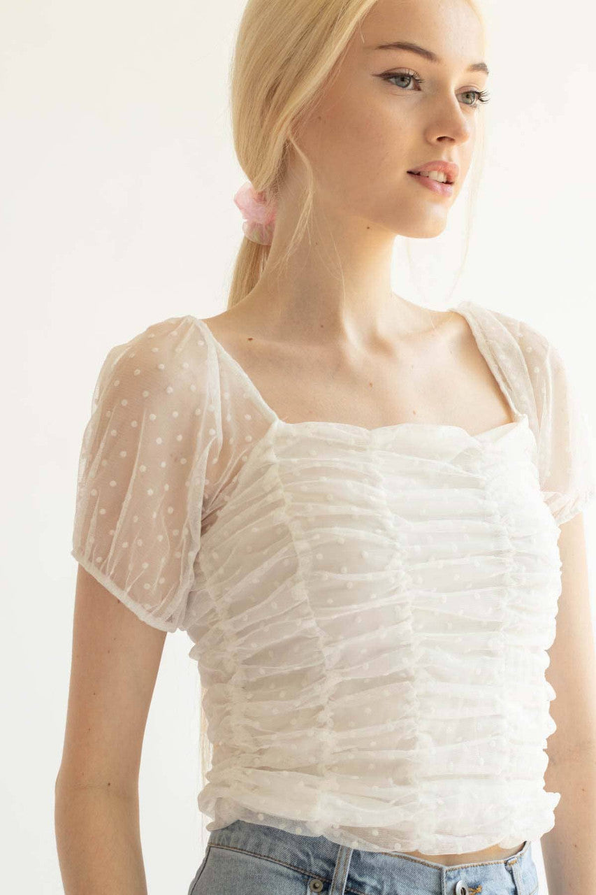 White Mesh Dot Ruched Top