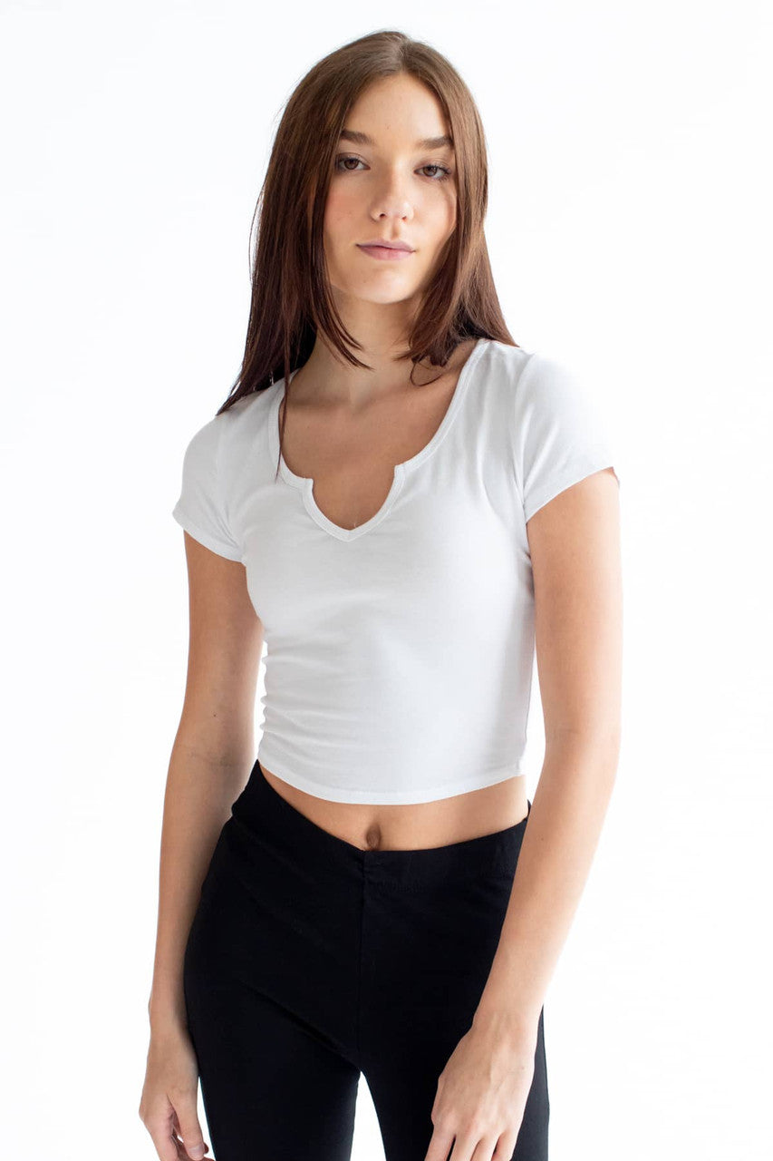 White Notched Neck Crop T-Shirt