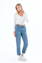 White Notched Neck Long Sleeve Top