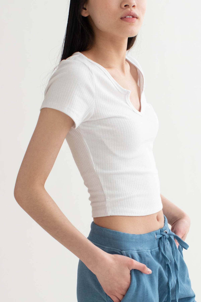 White Notched Ribbed Crop Tee