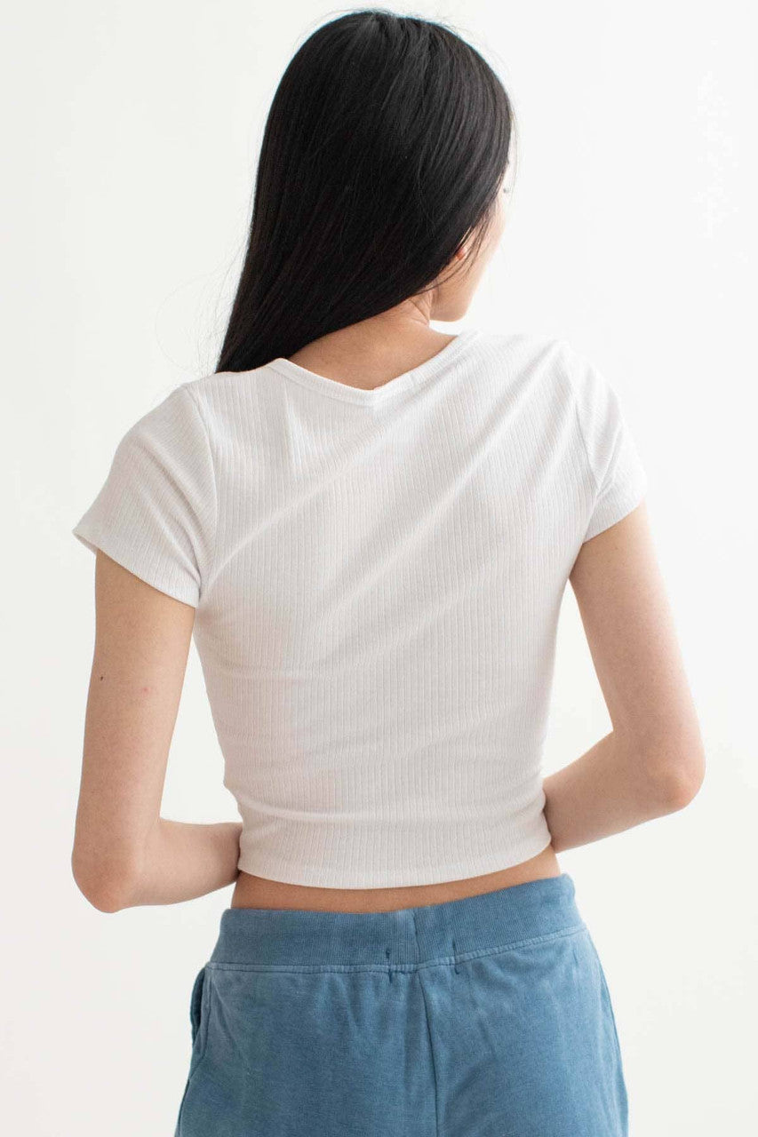 White Notched Ribbed Crop Tee