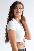 White Ribbed Short Sleeve Polo Cardigan